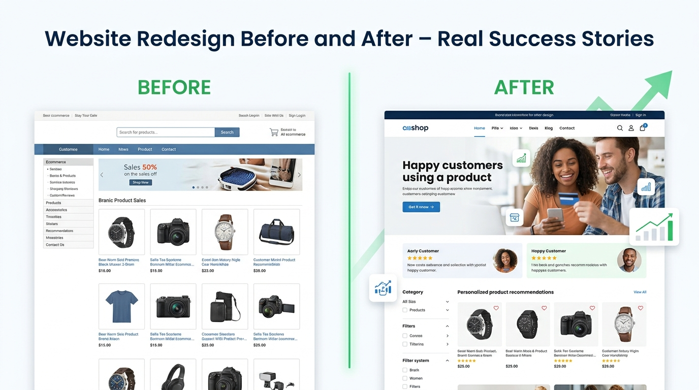 A split-screen comparison showing a cluttered, dated e-commerce site next to a modern, clean redesign with growth charts.