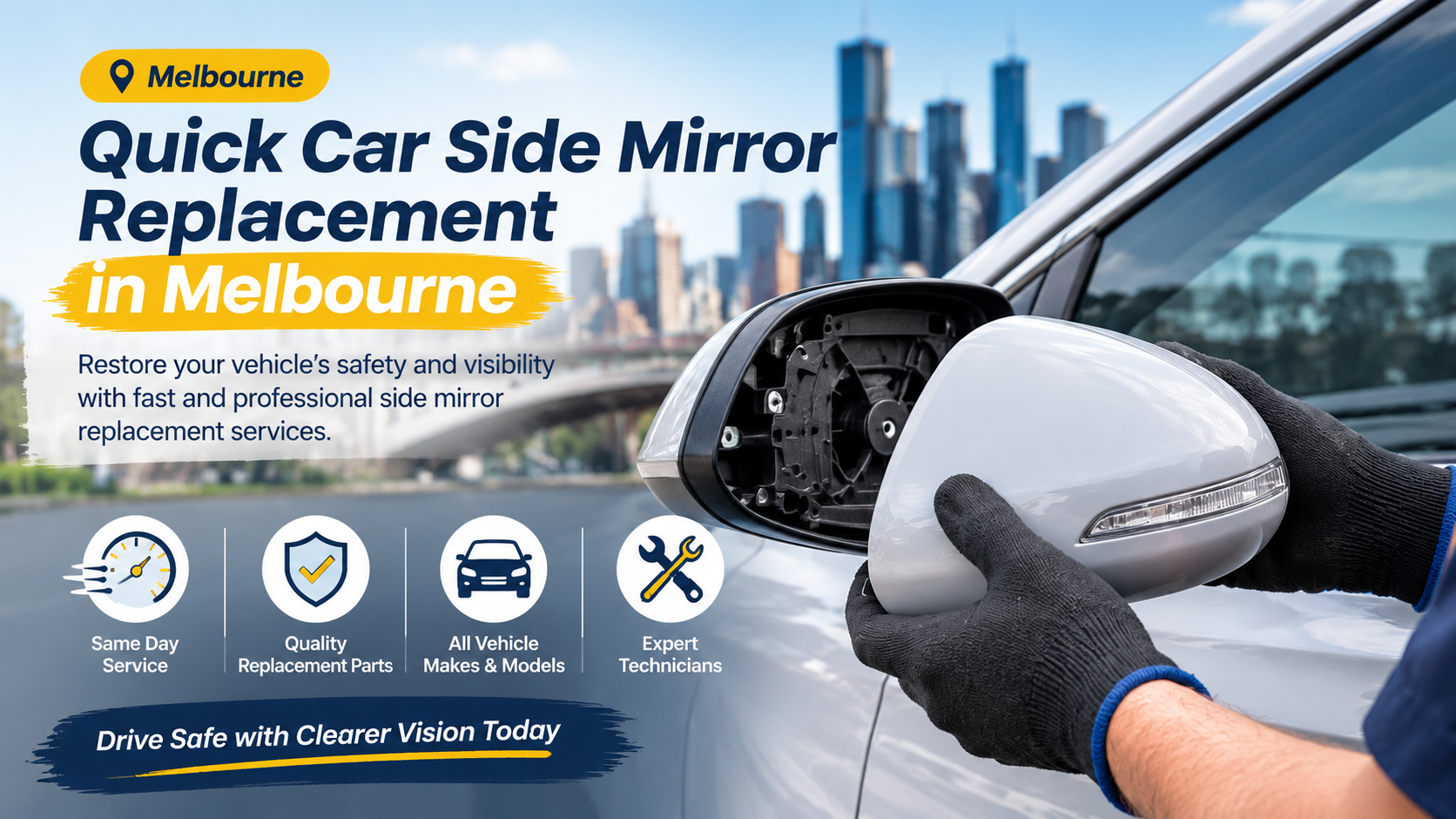 Quick car side mirror replacement in Melbourne by professional technicians using quality replacement parts for safe and reliable vehicle repairs.