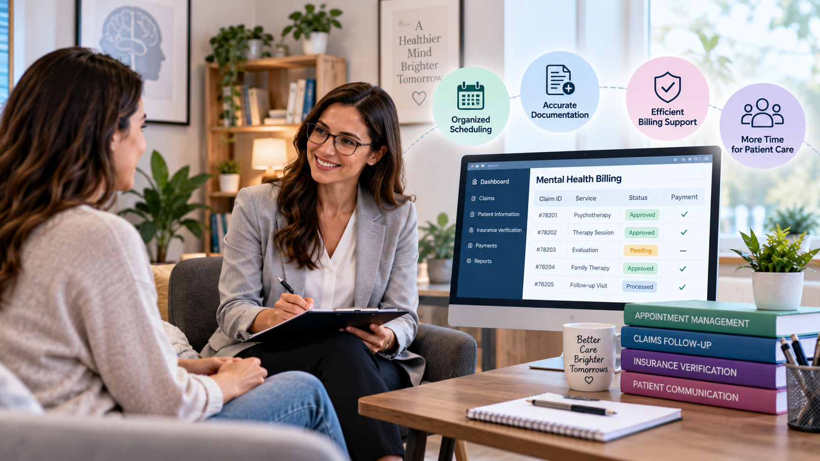 Mental health therapist counseling a patient in a modern therapy office, highlighting psychotherapy, patient care coordination, and mental health practice management.