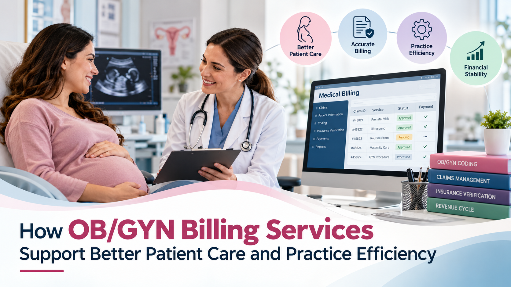 OB/GYN doctor consulting a pregnant patient alongside a medical billing dashboard, highlighting accurate billing, better patient care, and practice efficiency.